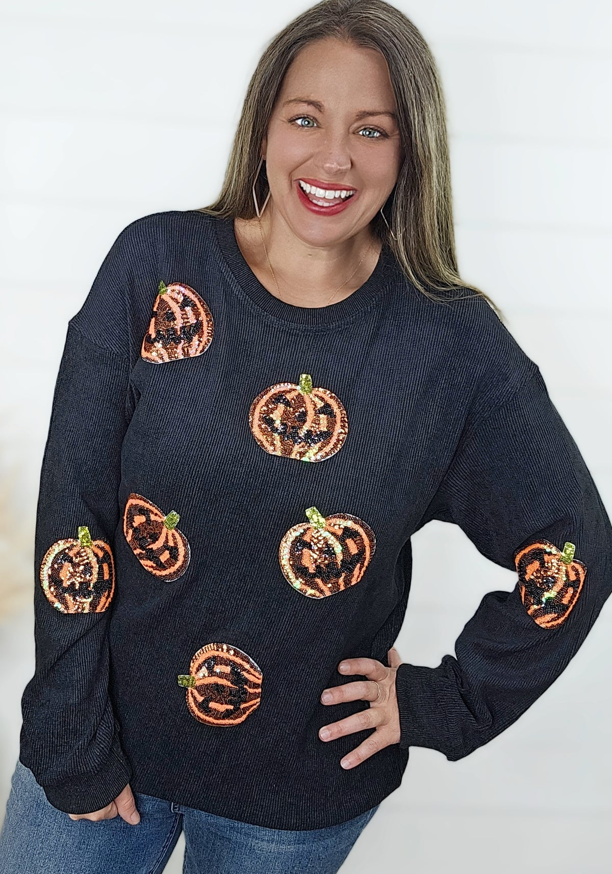 BLACK SEQUINED JACK O LANTERN CORDED PULLOVER