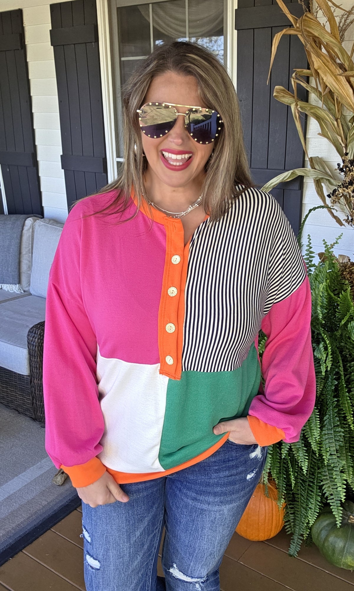 MULTI COLOR BLOCK FRENCH TERRY HENLEY TOP