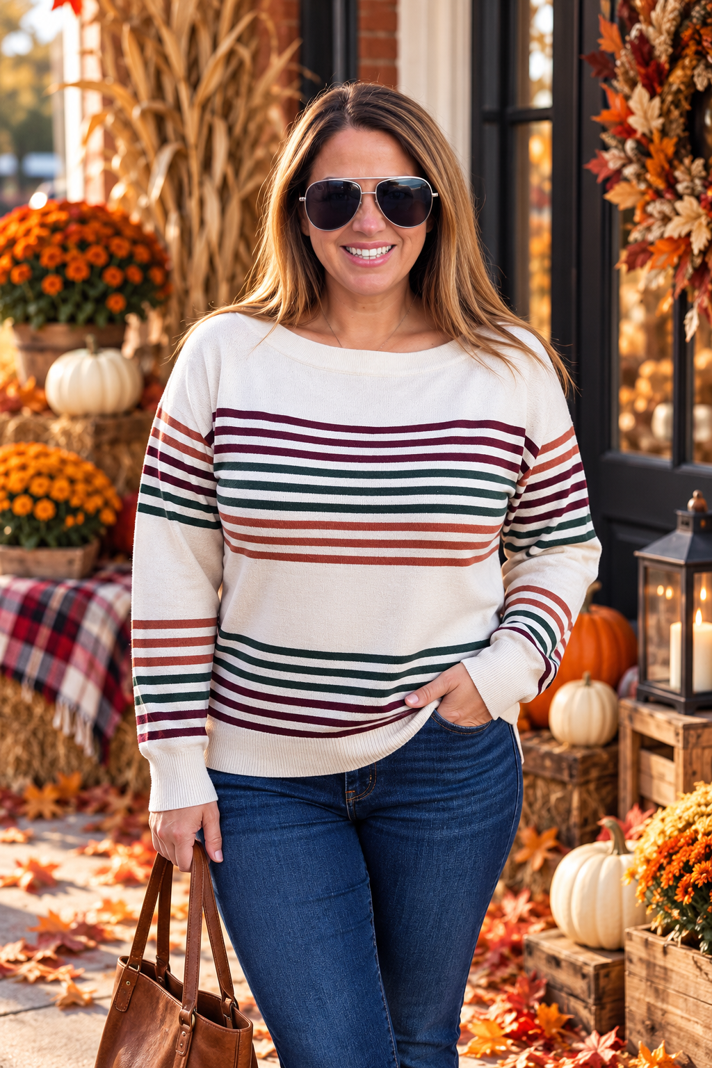 BURGUNDY/FOREST Boat Neck, Long Sleeve, Multi Color Engineer Striped Sweater