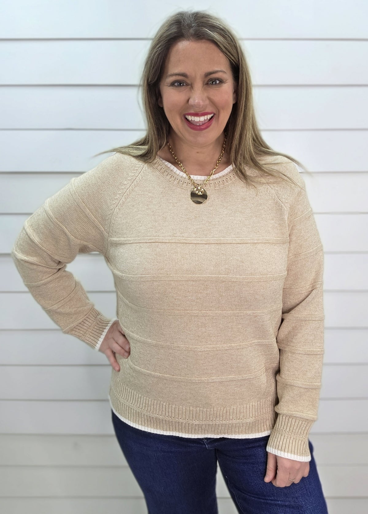 OATMEAL TEXTURED STRIPED PULLOVER SWEATER