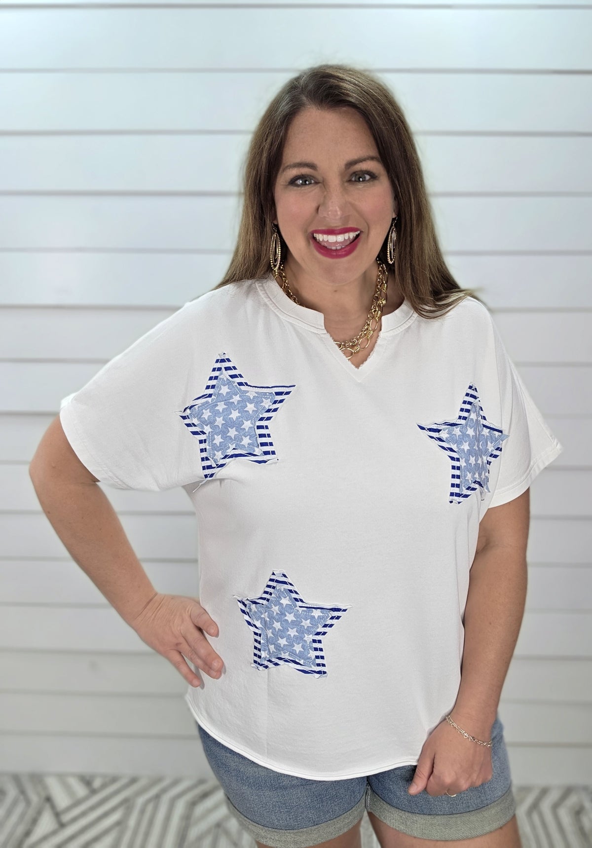 WHITE/STAR CONRAST KNIT TOP