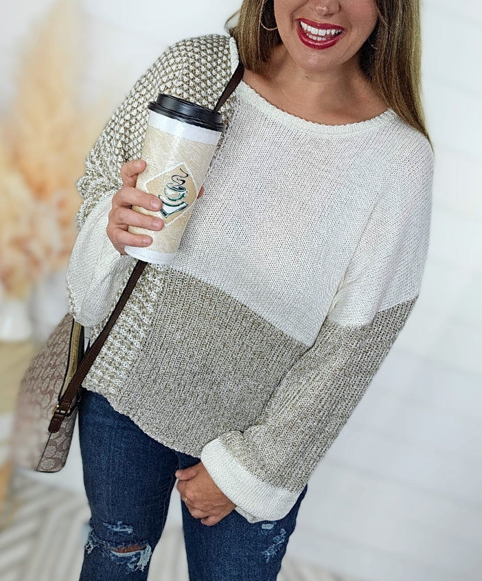 TAUPE MULTI BLOCK KNIT TIE BACK SWEATER