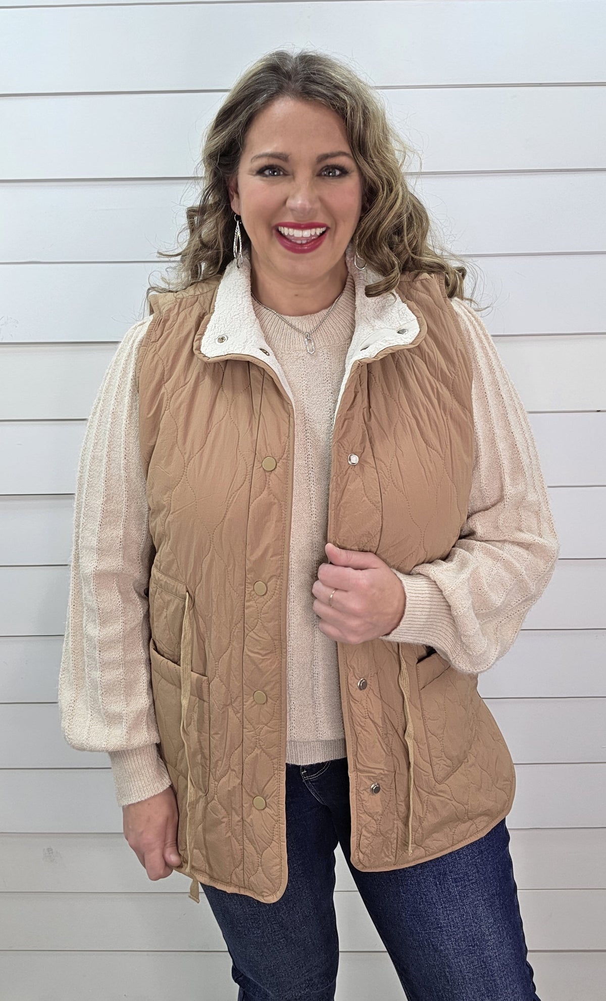 TAUPE FAUX FUR LINED SNAP BUTTON TIE VEST