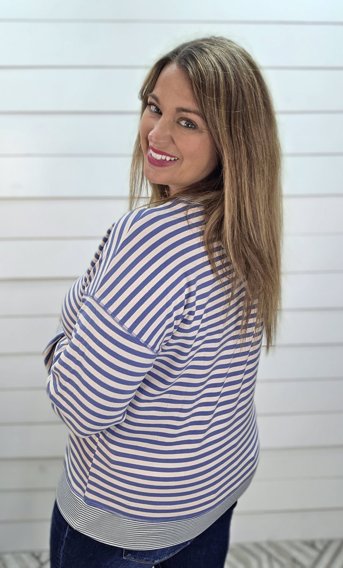 Denim Blue Crew Neck, Drop Shoulder, Long Sleeve, Micro Brushed Knit top