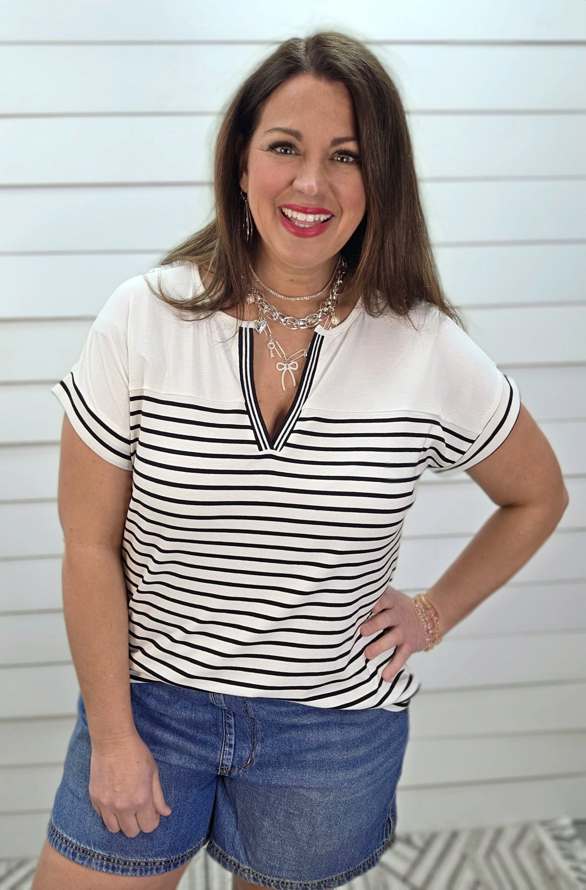 BLACK & WHITE STRIPED COLORBLOCK V NECK FRENCH TERRY KNIT TOP