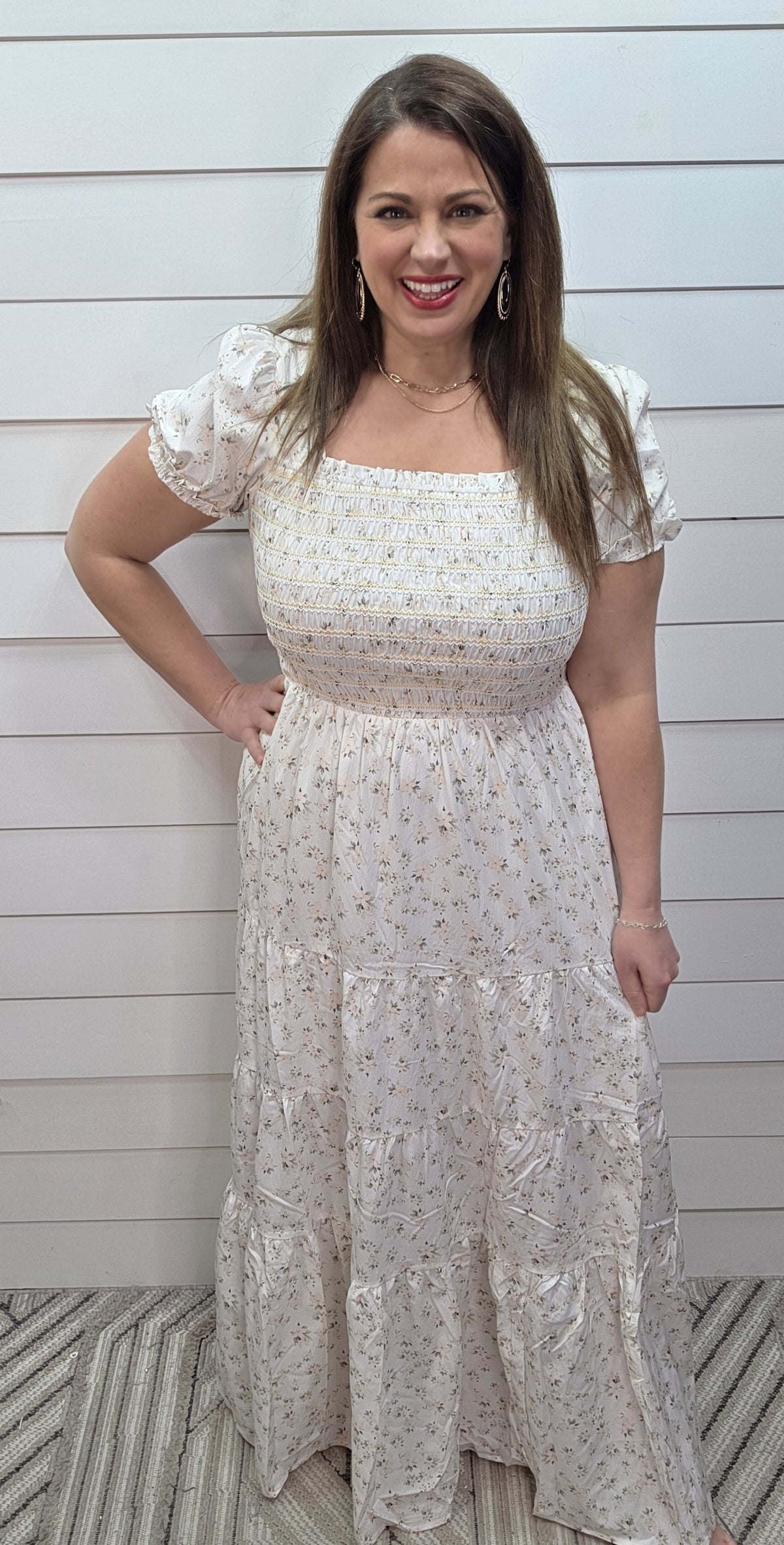 WHITE FLORAL LONG DRESS WITH SMOCKED TOP