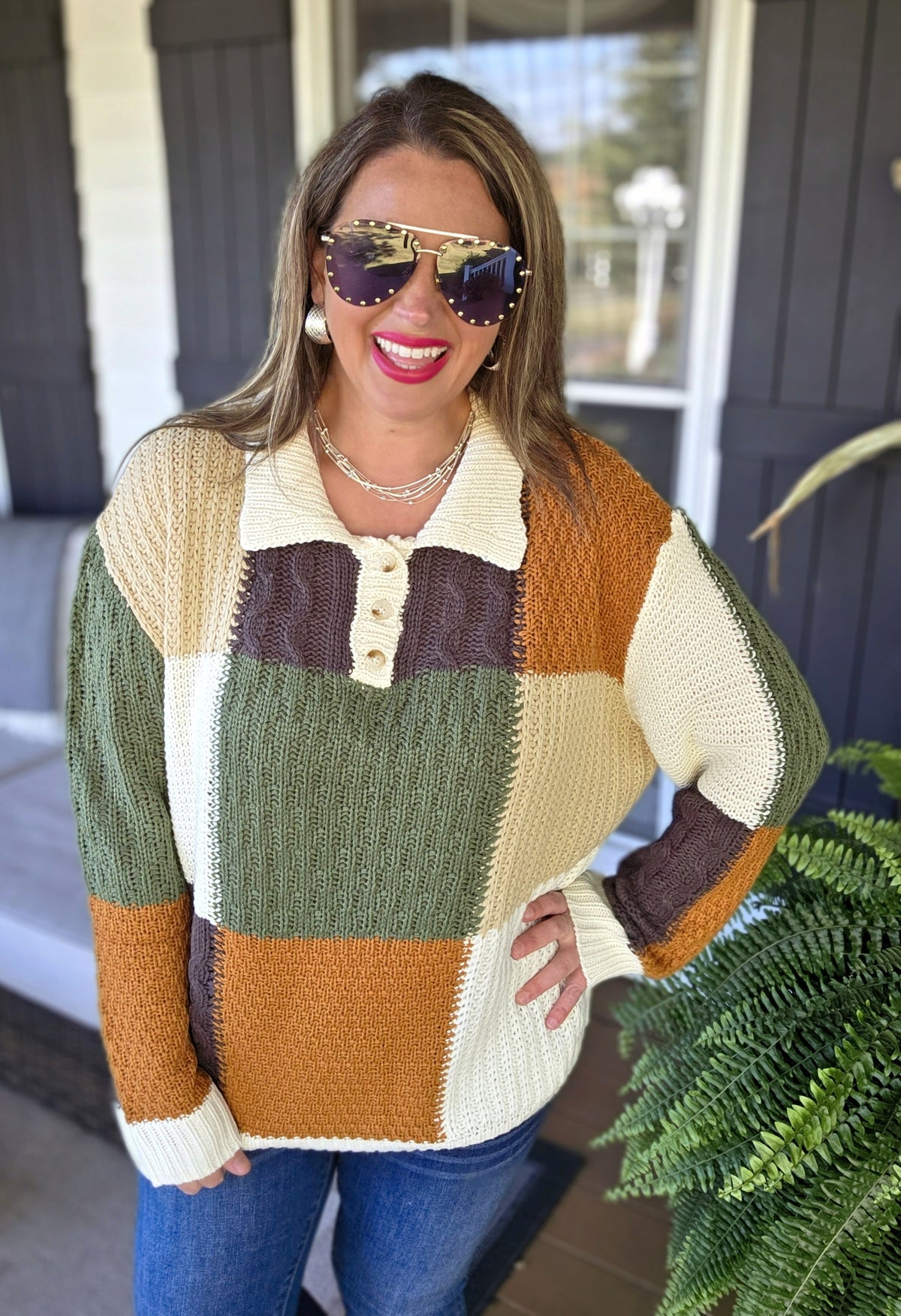 OLIVE/IVORY/CAMEL KNIT BLOCK BUTTON TRIM SWEATER