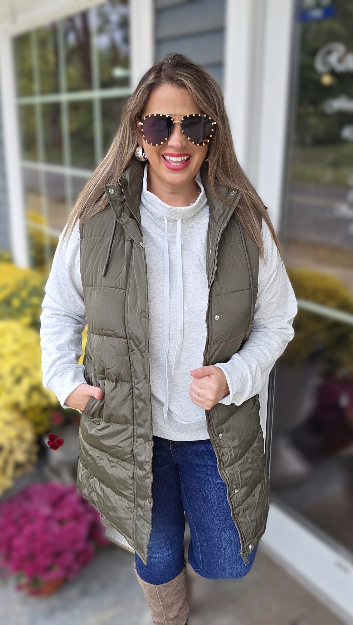 OLIVE LONG PUFFER HOODED VEST WITH SIDE ZIPPER