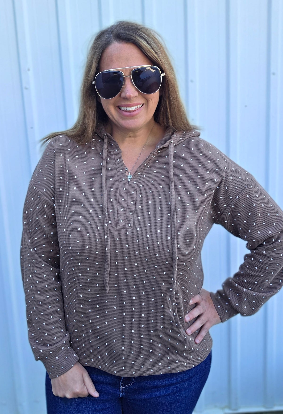Coffee Drawstring Y Split Neck, Long Sleeve, Polka Dot Printed Light Weight Hoodie