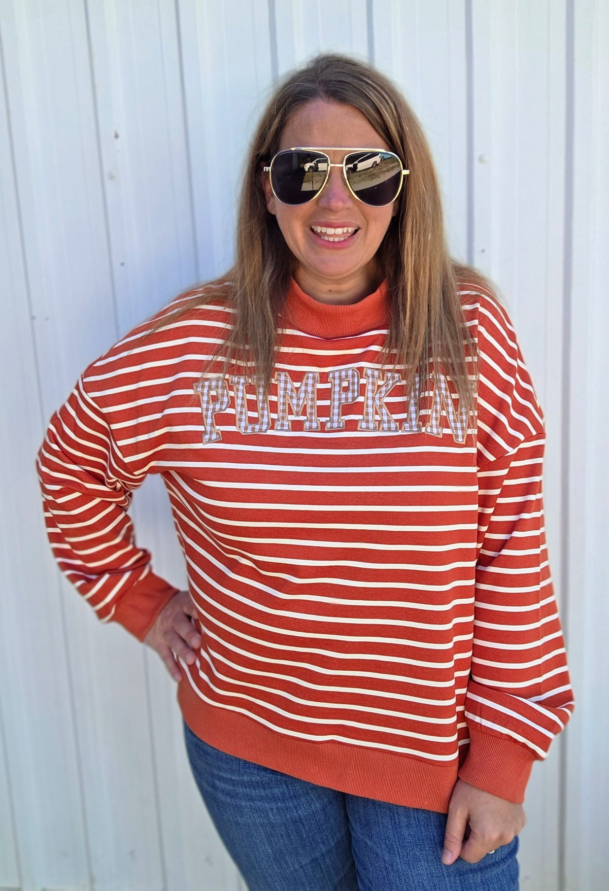 RUST PUMPKIN EMBROIDERED STRIPED With Ribbed Cuffs And Hemline Stripe