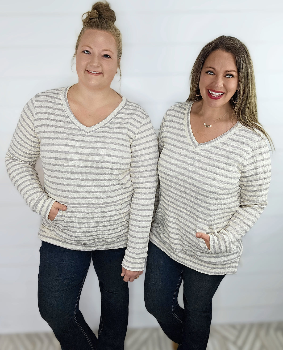 **BROOCH EXCLUSIVE** TAUPE STRIPED TEXTURED V NECK KANGAROO POCKET TOP