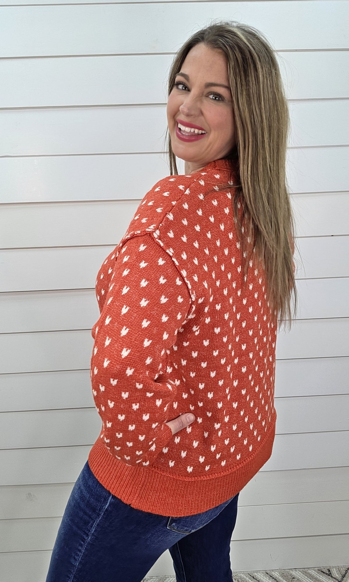 RED PRINTED TEXTURED CREW NECK SWEATER