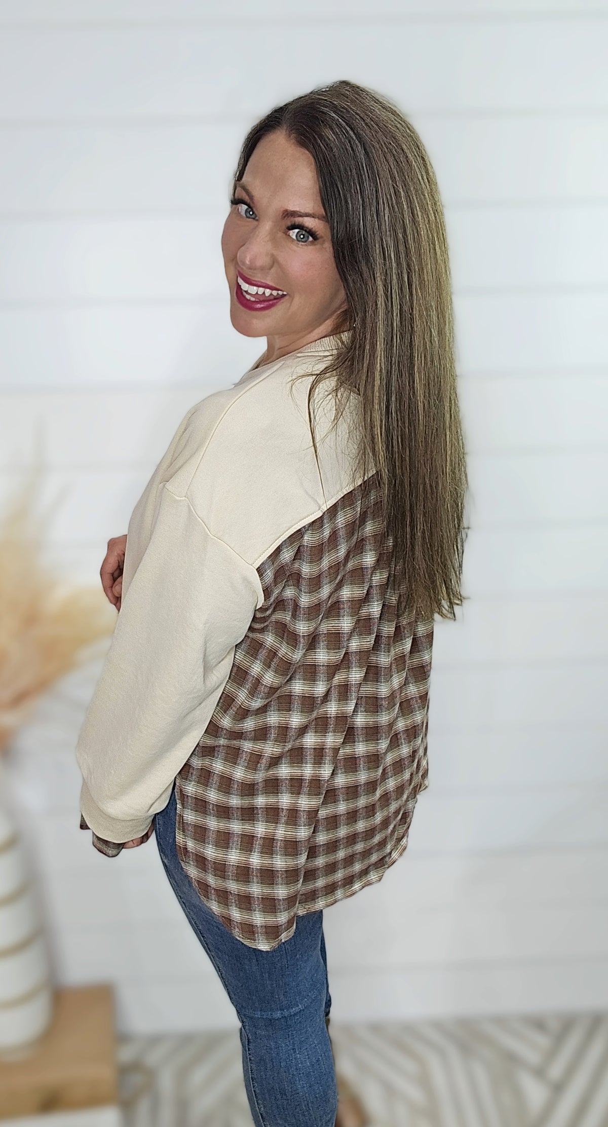 TAUPE FRENCH TERRY OVERSIZED PLAID CONTRAST PULLOVER