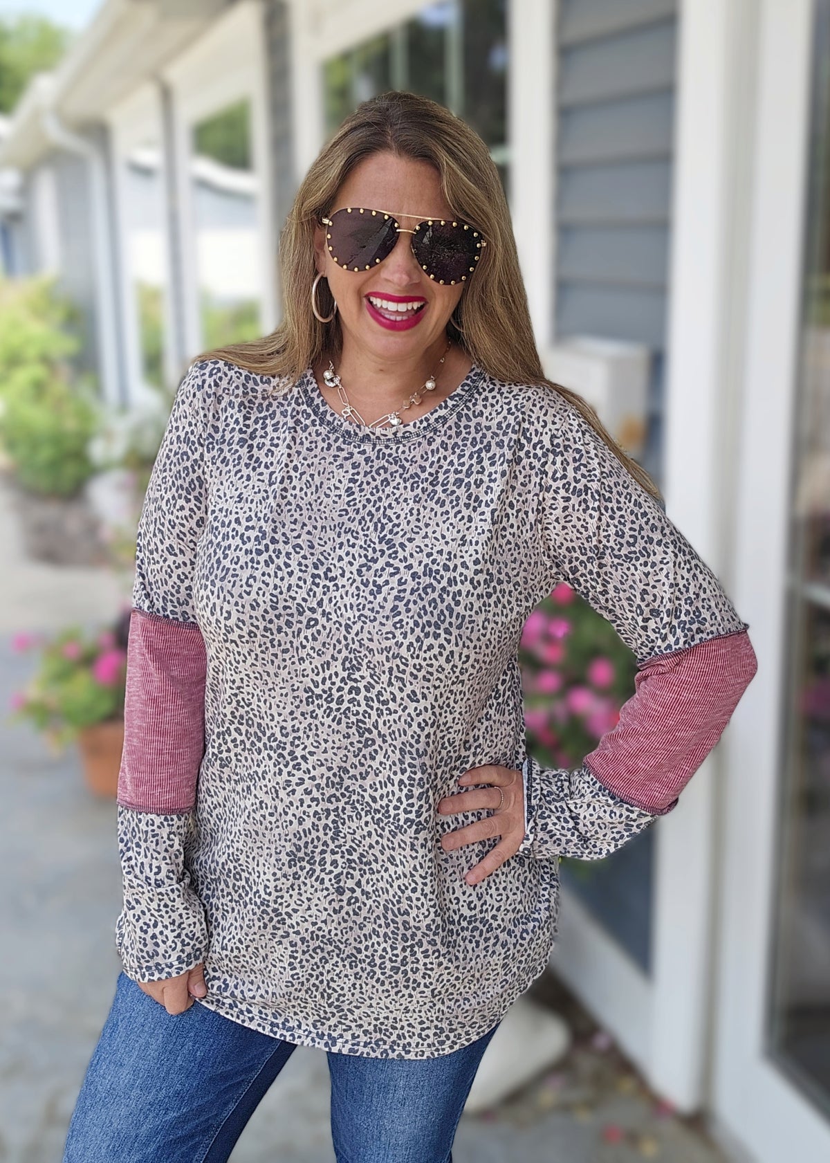 MOCHA ANIMAL PRINT KNIT TOP W/ BUTTON AND RIBBED INSERT LONG SLEEVE