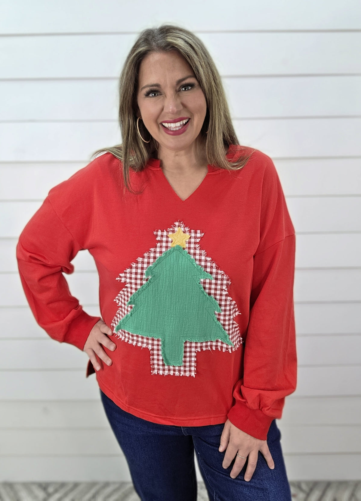 RED FRENCH TERRY PULLOVER W/ RAW EDGE TREE