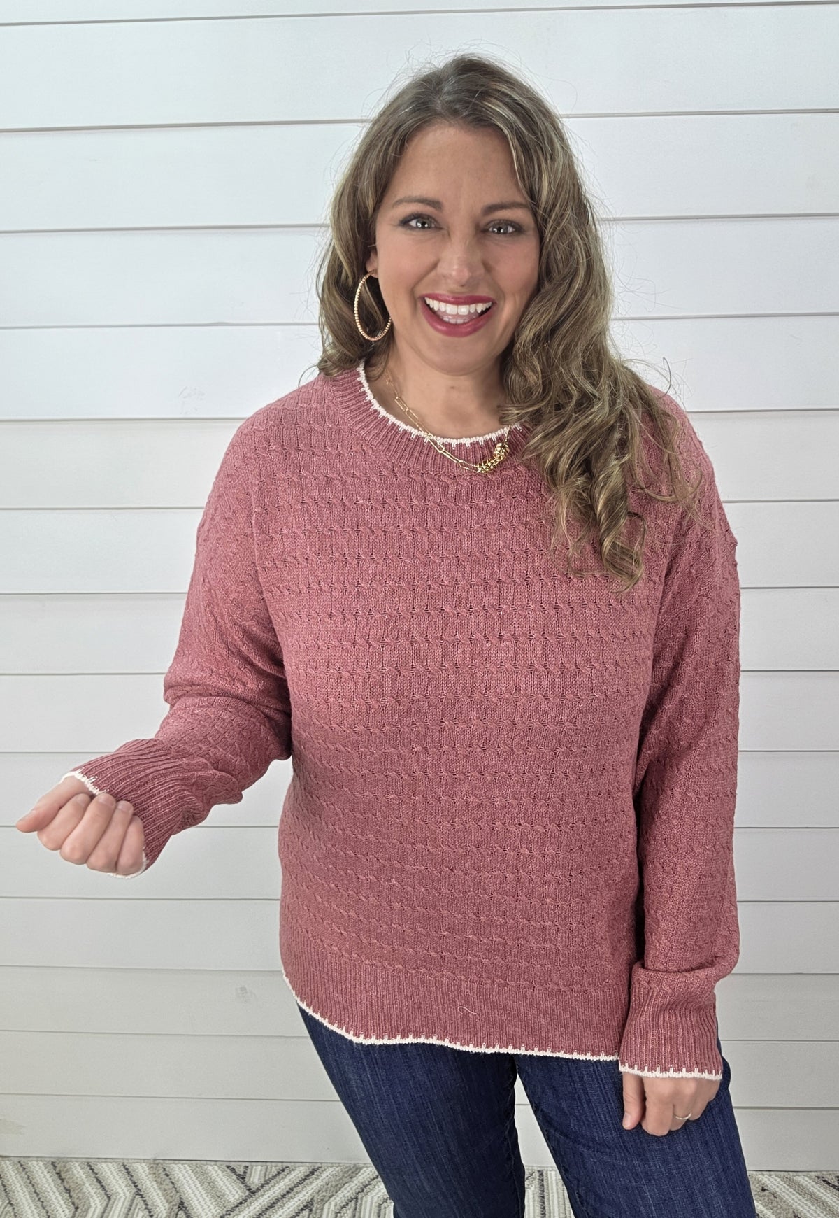 ROSE CABLE KNIT TEXTURED/ COLOR EDGE LIGHT WEIGHT SWEATER