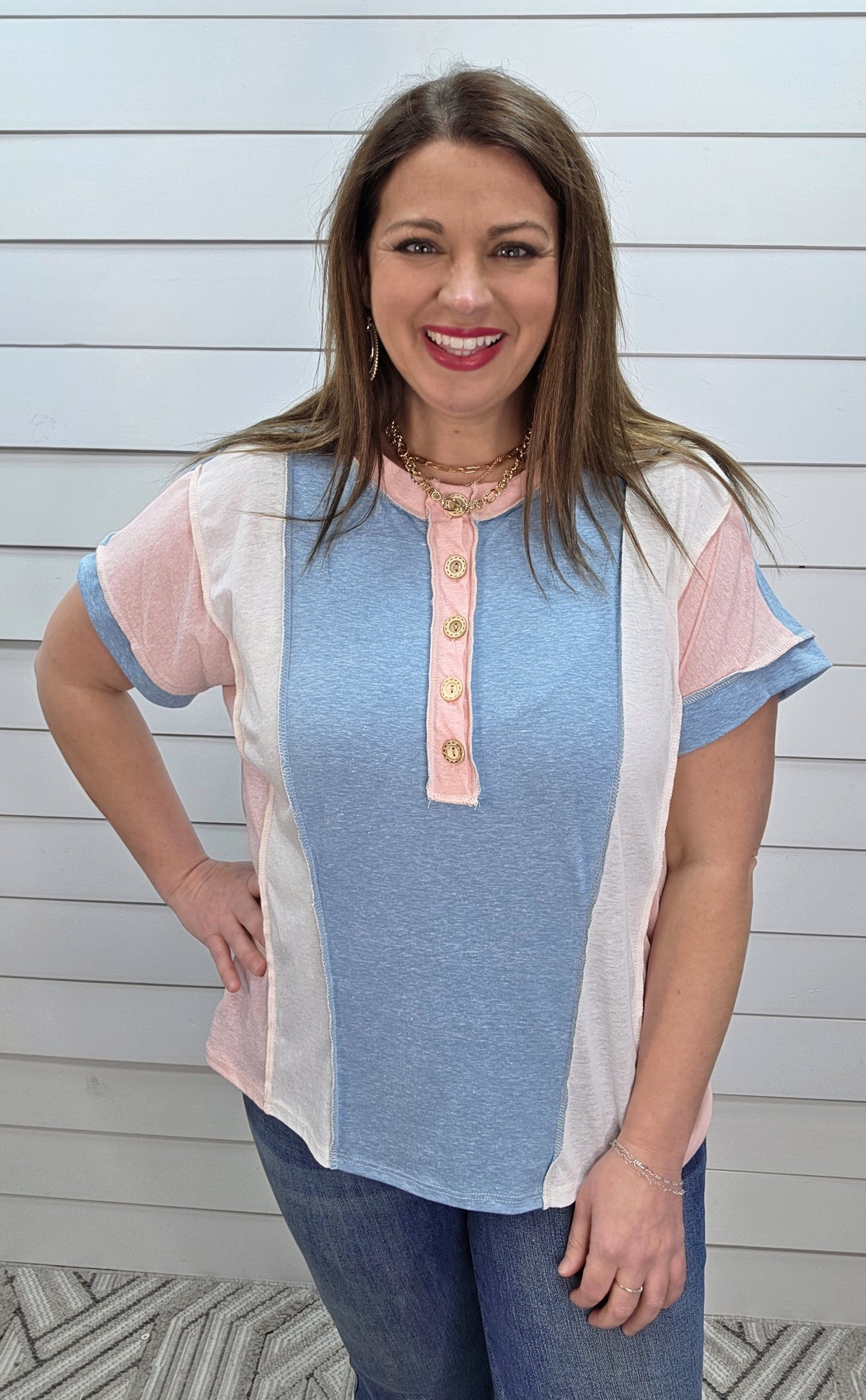 JADE/PINK/WHITE COLORBLOCK HENLEY BUTTON KNIT TOP