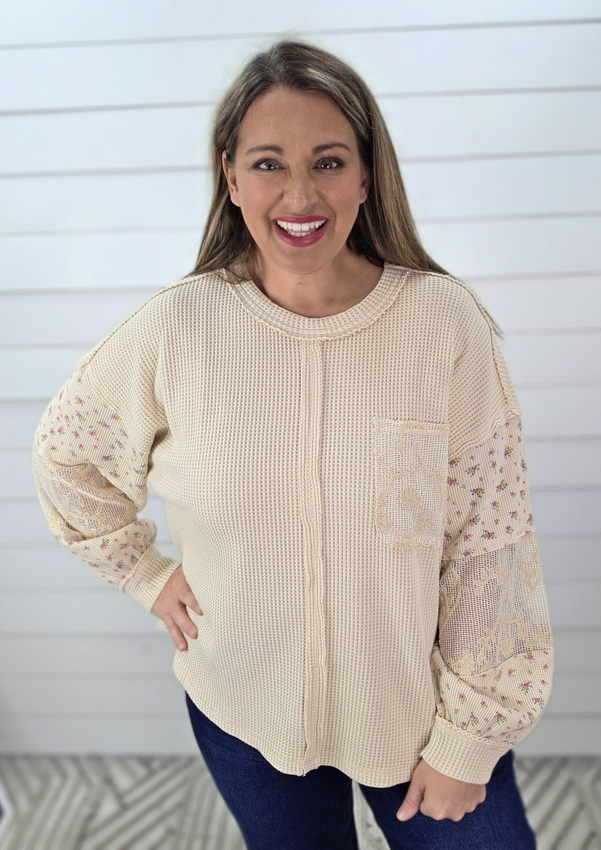 NATURAL WAFFLE TEXTURE CONTRAST SLEEVE KNIT OVERSIZED TOP