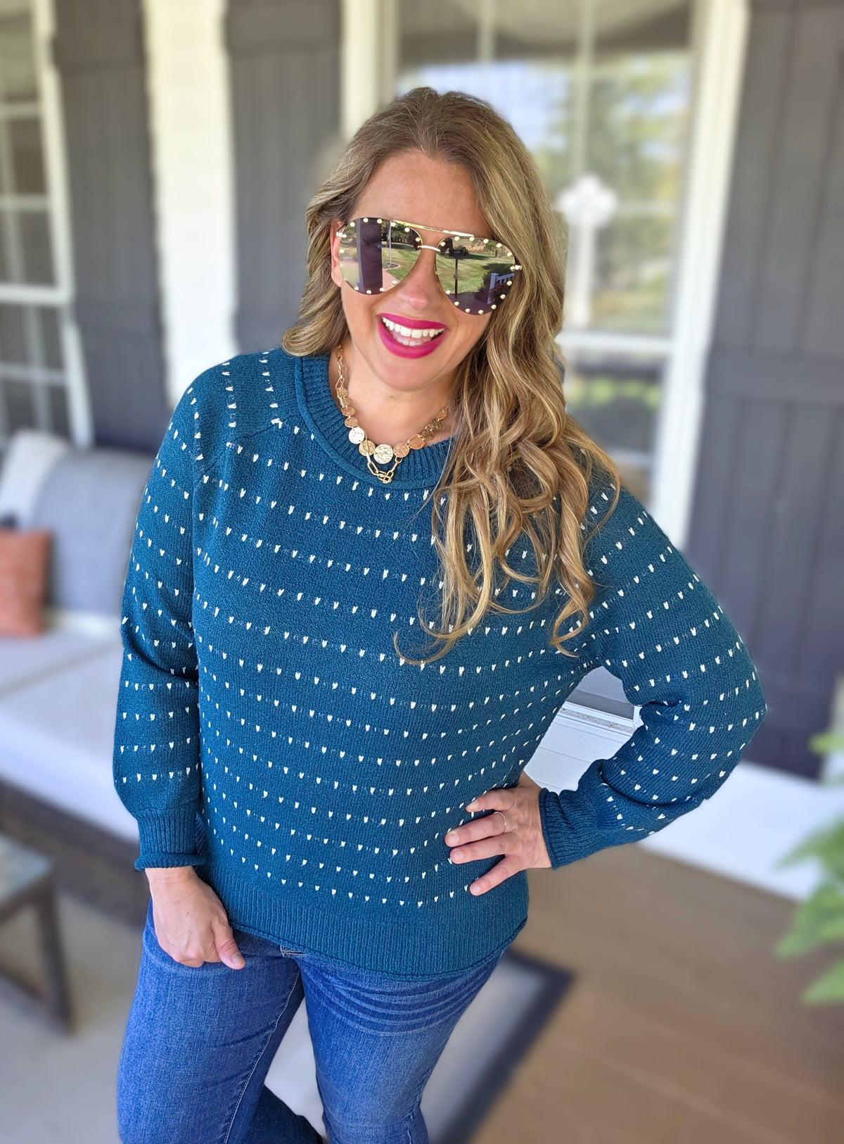 TEAL DOT KNIT PULL OVER KNIT SWEATER