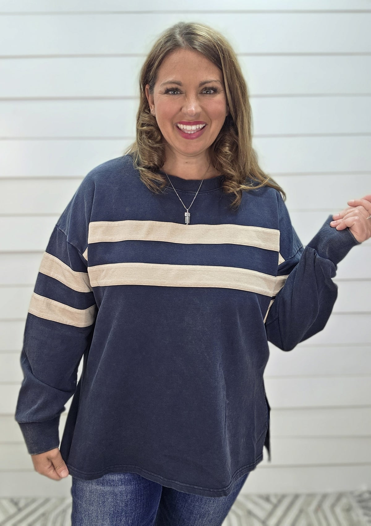 NAVY VARSITY STRIPED WASHED KNIT PULLOVER WITH SIDE SLIT