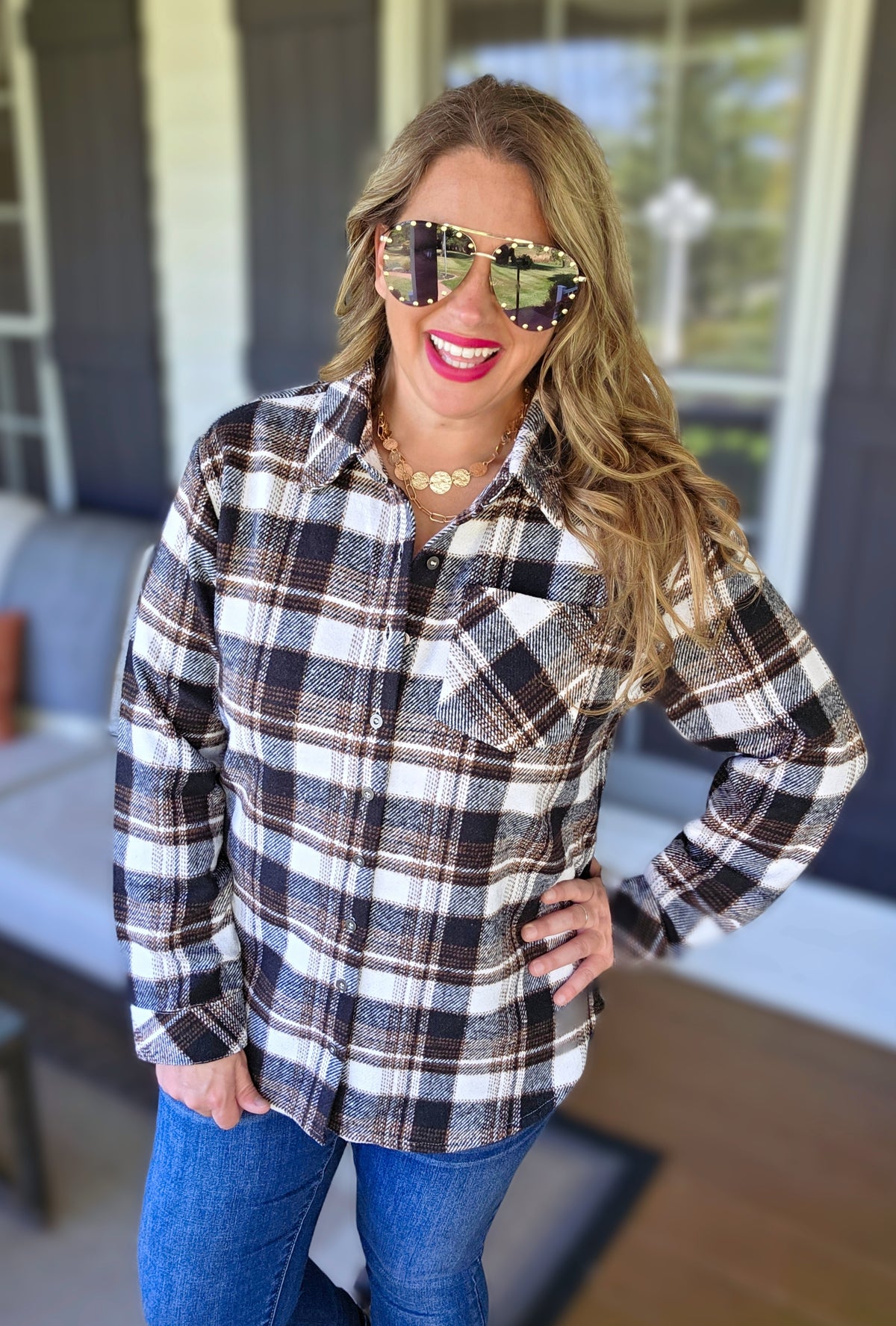 KAREN HART BLACK/TAUPE PLAID SHACKET