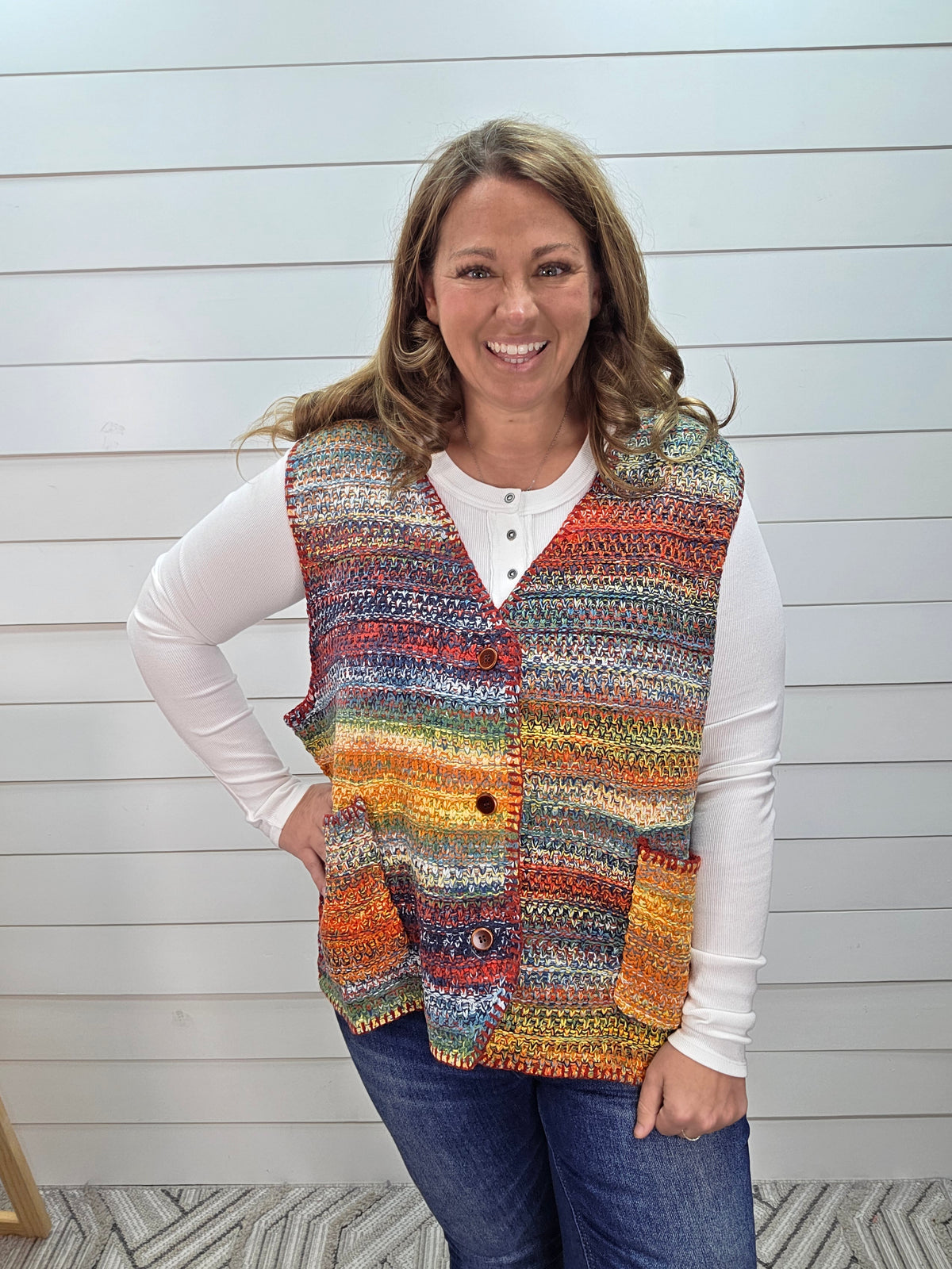MULTI COLOR OVERSIZED KNIT BUTTON VEST