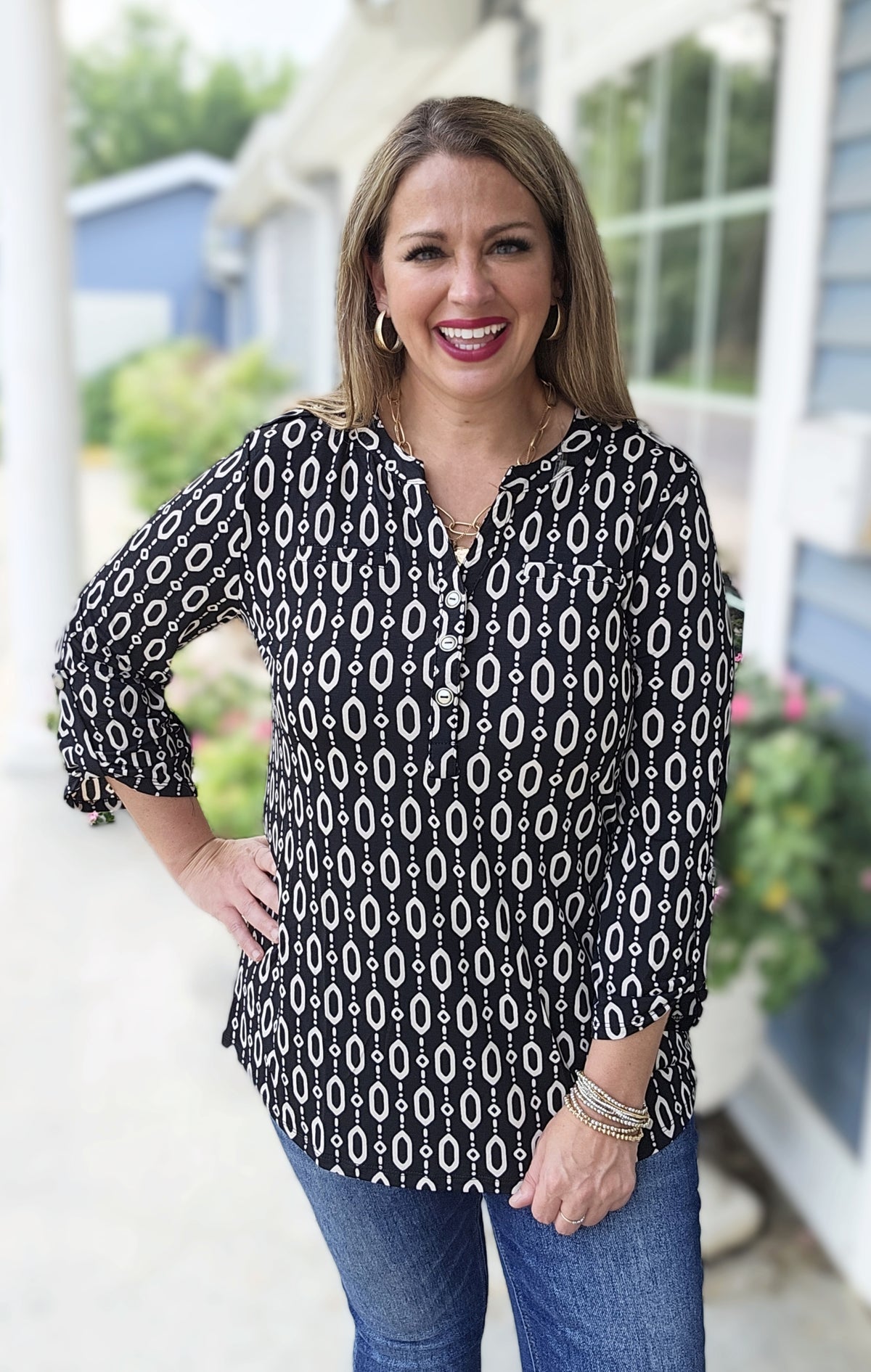 DEAR SCARLETT BLACK/CREAM GEO PRINT LUXE LIZZY