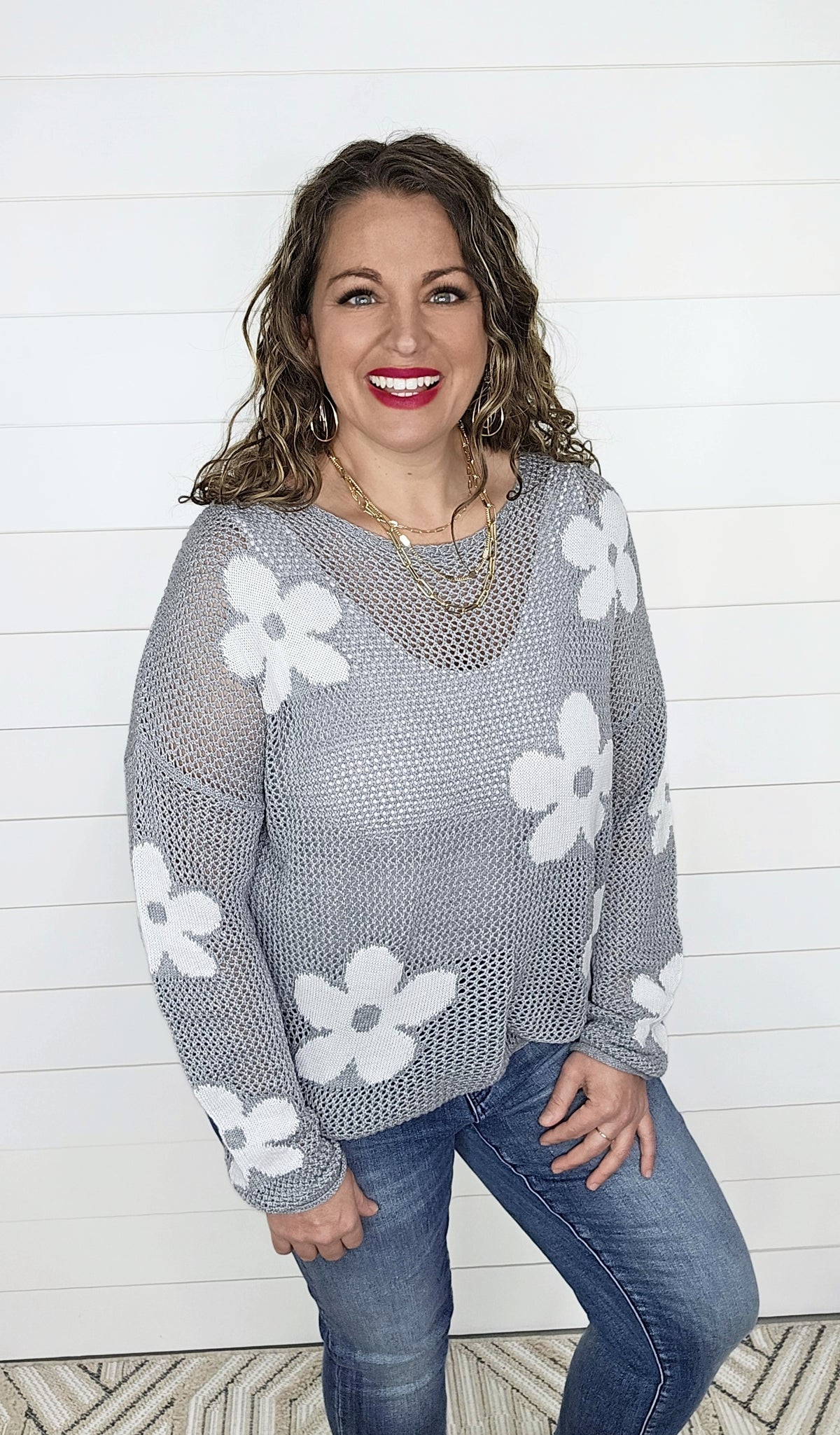 GREY OPEN WEAVE FLORAL SWEATER