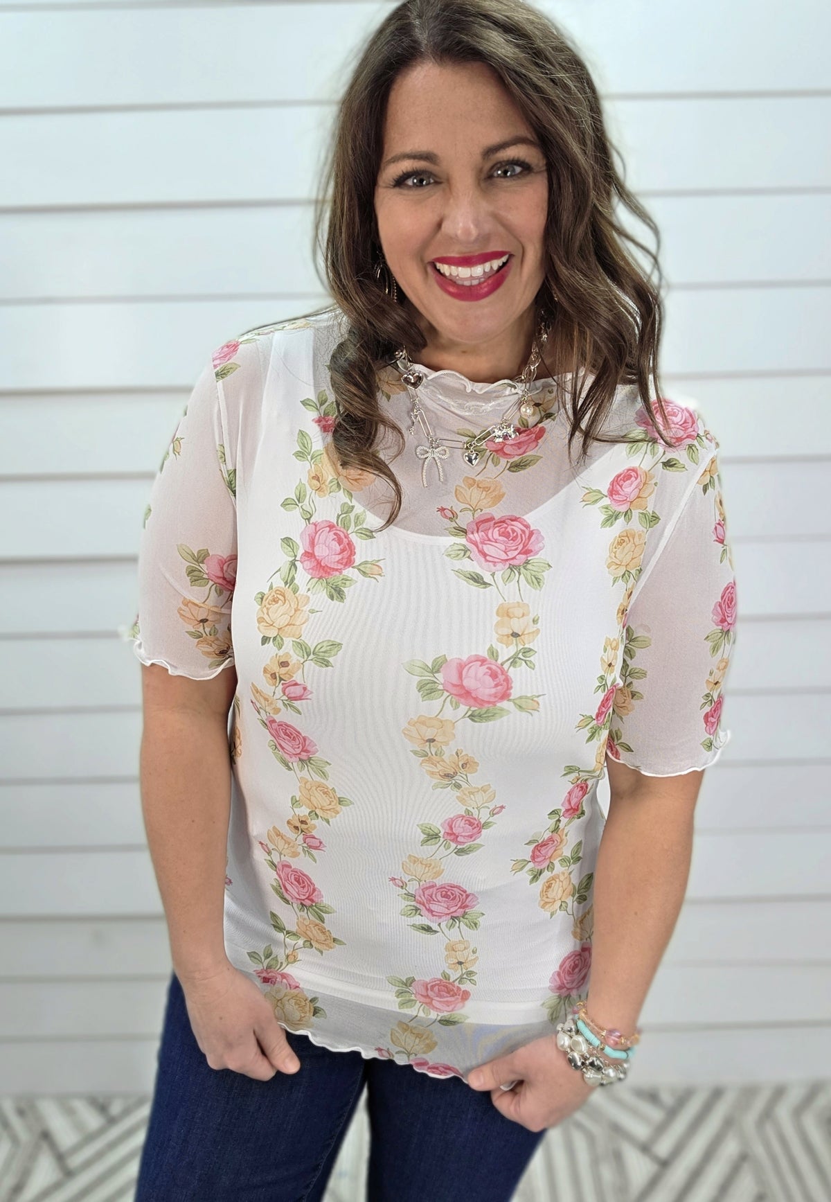 WHITE MESH FLORAL TOP