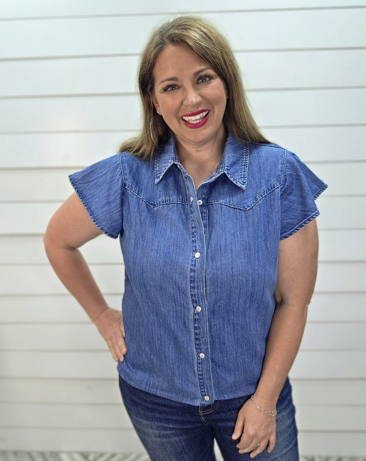 DENIM SHORT SLEEVE BUTTON DOWN RUFFLE SLEEVE TOP