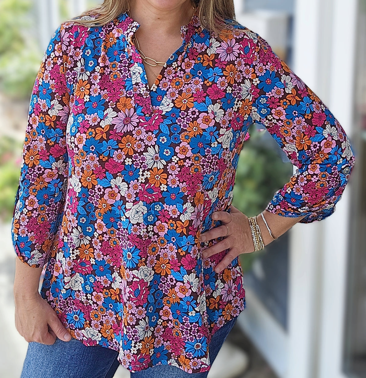 DEAR SCARLETT CHOCOLATE/MULTI FLORAL LIZZY TOP