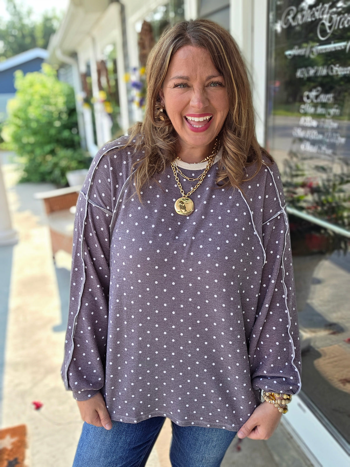 BROWN KNIT POLKADOT LOOSE KNIT TOP