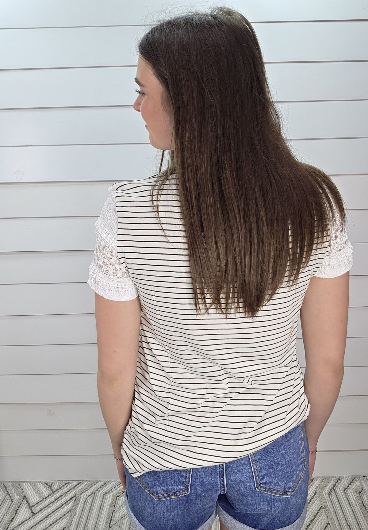 BLACK AND WHITE STRIPED KNIT TOP W/ LACE TRIM