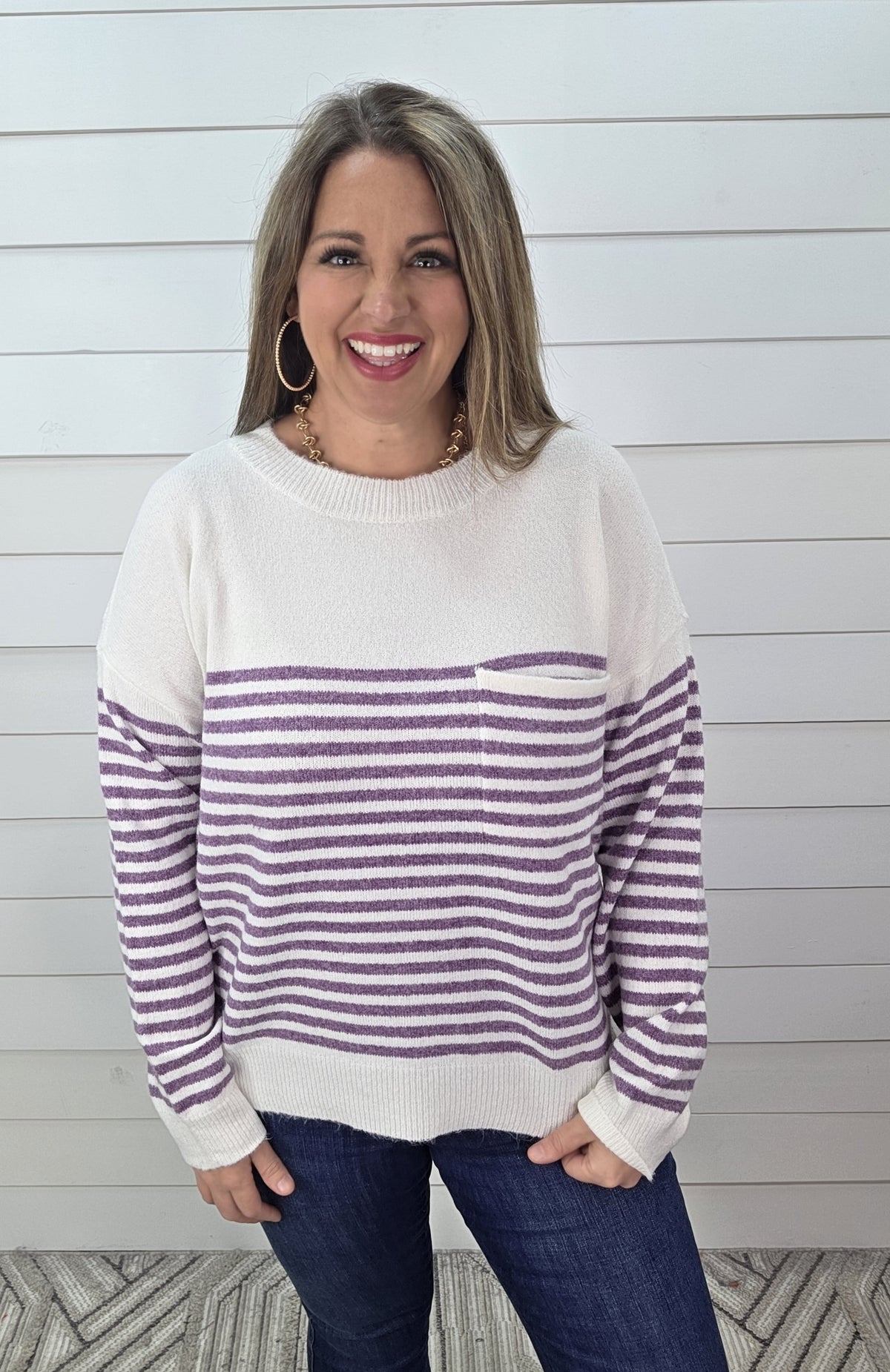 PURPLE STRIPED POCKET KNIT LIGHT WEIGHT SWEATER
