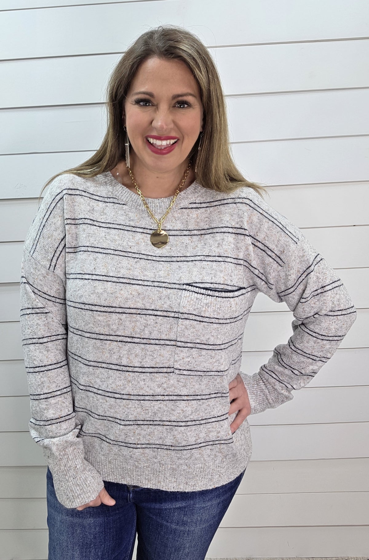 HEATHER GREY/STRIPED SPRINKLE KNIT POCKET SWEATER