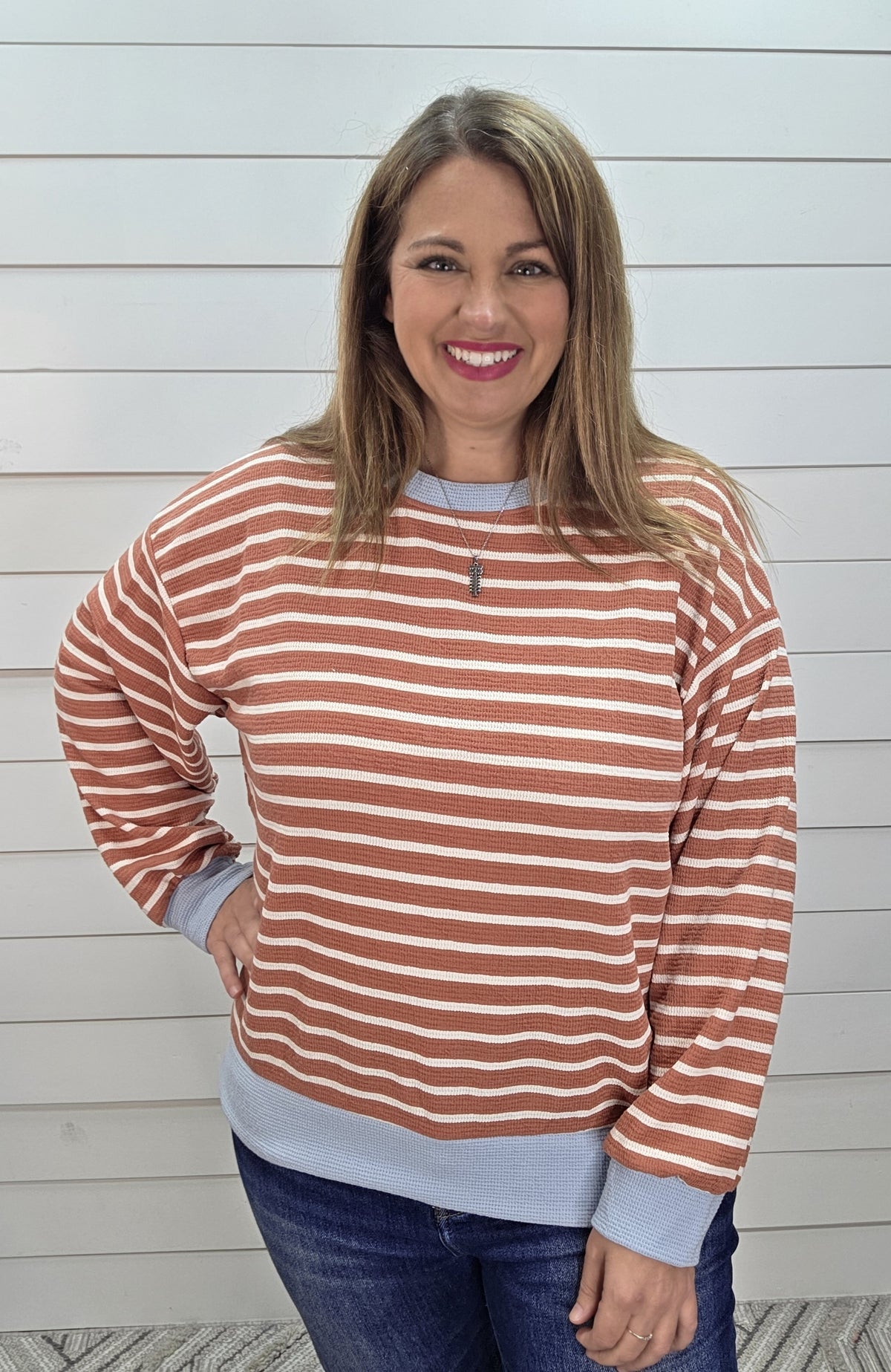 DARK MAUVE/BLUE CLOUD FABRIC STRIPED KNIT TOP