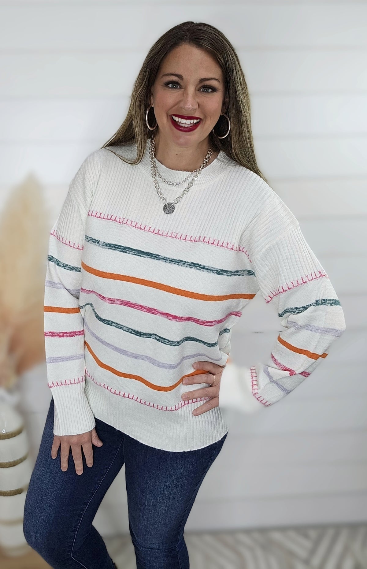 WHITE MULTI STRIPED CREW NECK SWEATER