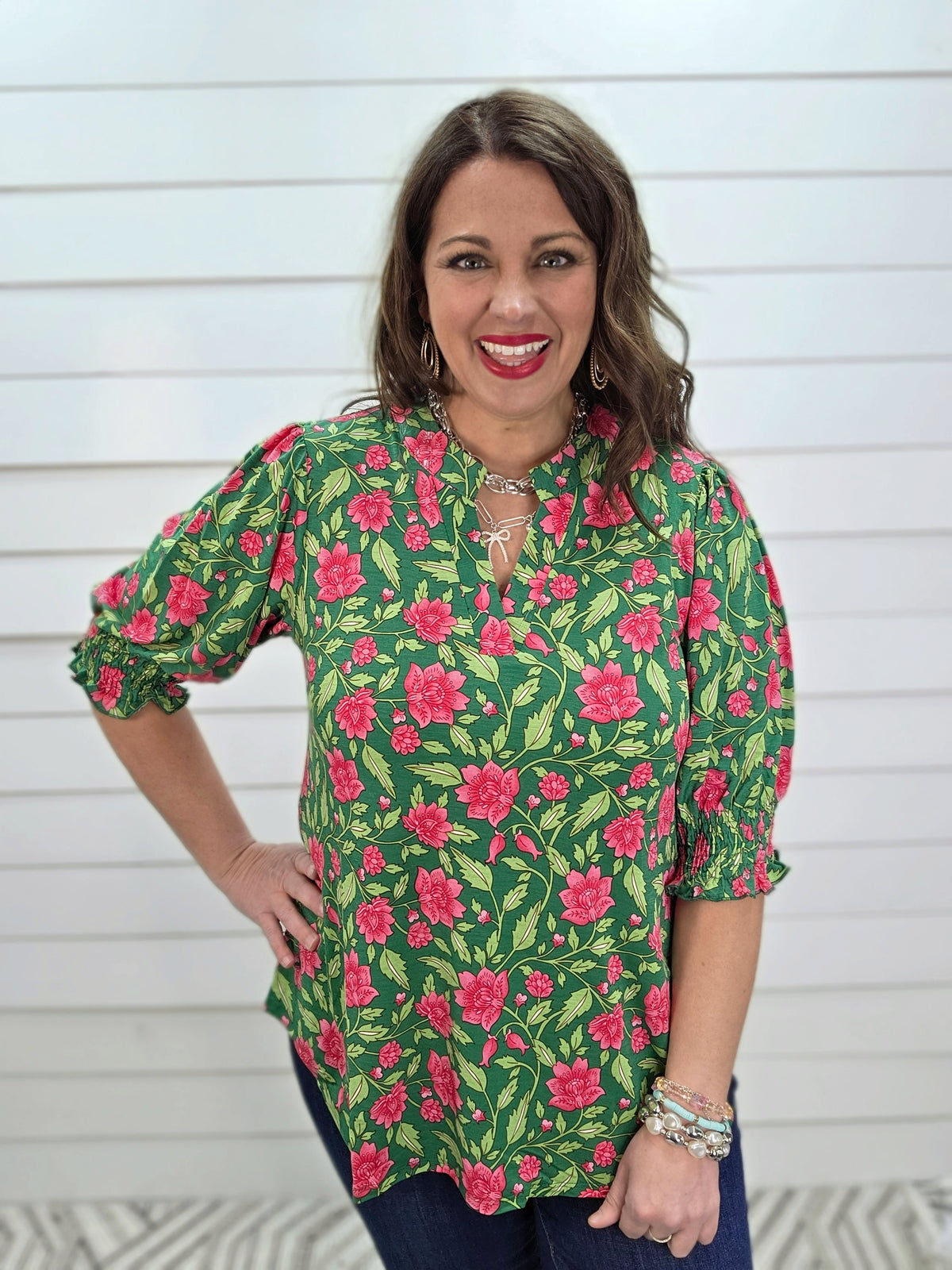 DEAR SCARLETT SMOCKED TOP - KELLY GREEN PINK FLORAL