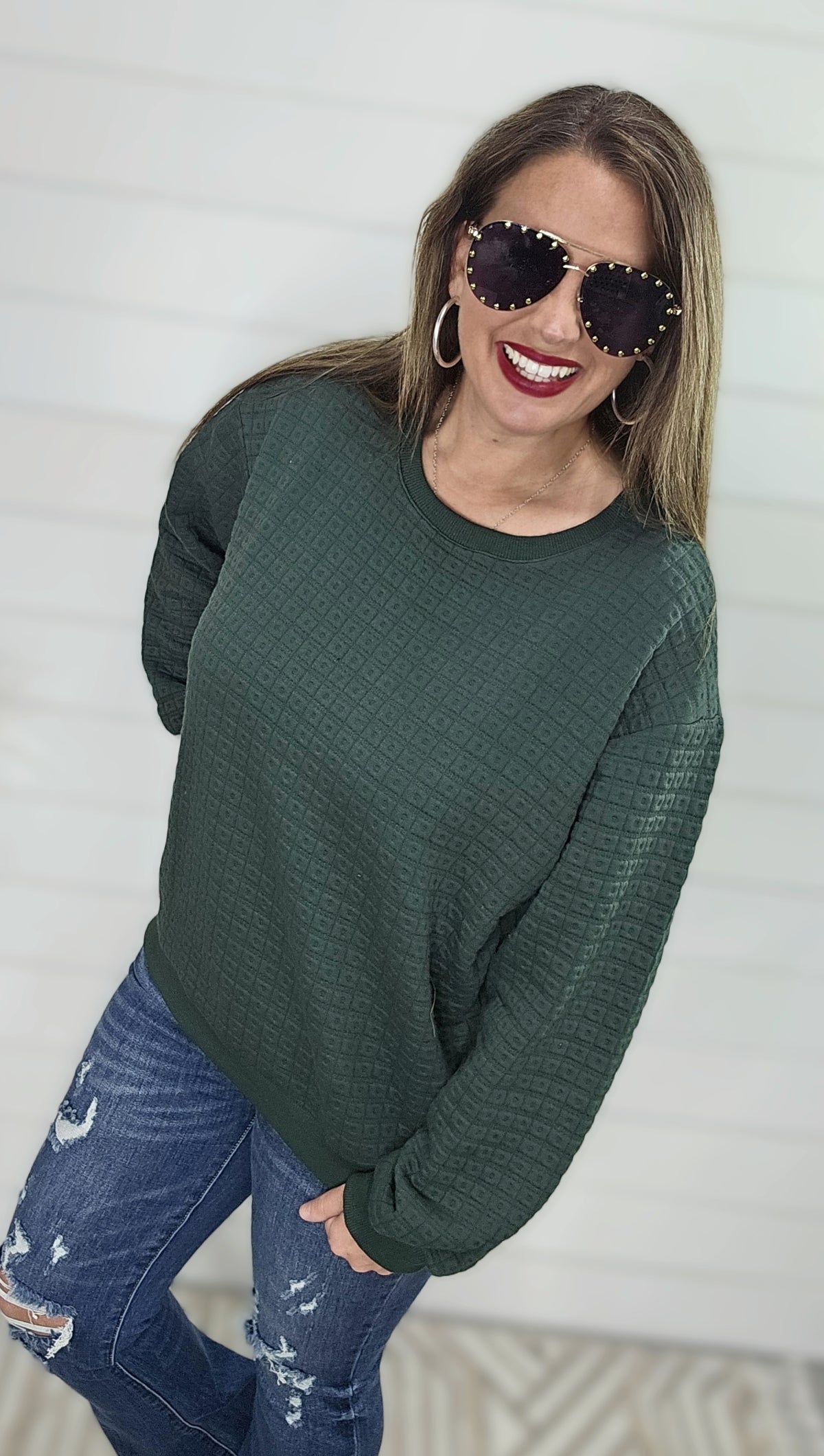 GREEN SQUARE QUILTED PULLOVER