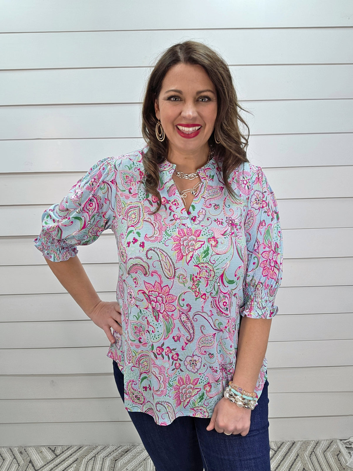 DEAR SCARLETT SMOCKED TOP - AQUA PINK PAISLEY PRINT