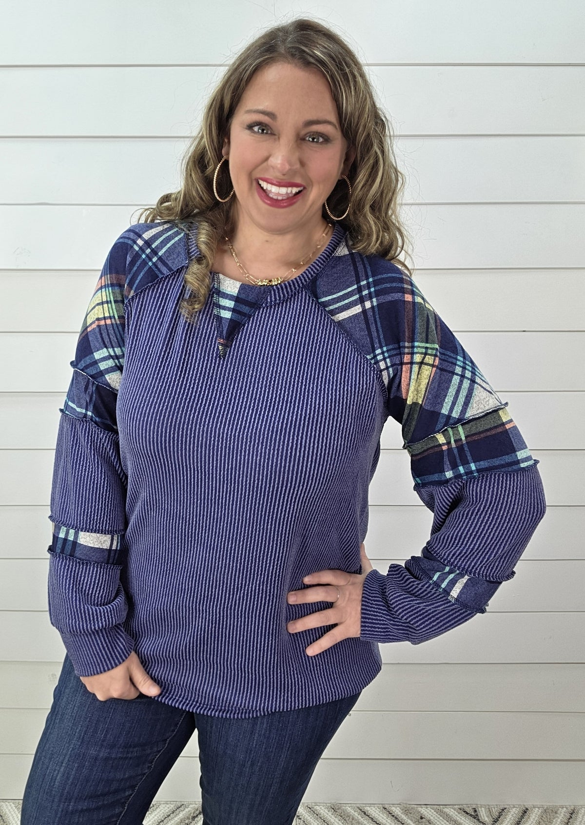 DENIM BLUE RAISED RIBBED/PLAID CONTRAST KNIT TOP