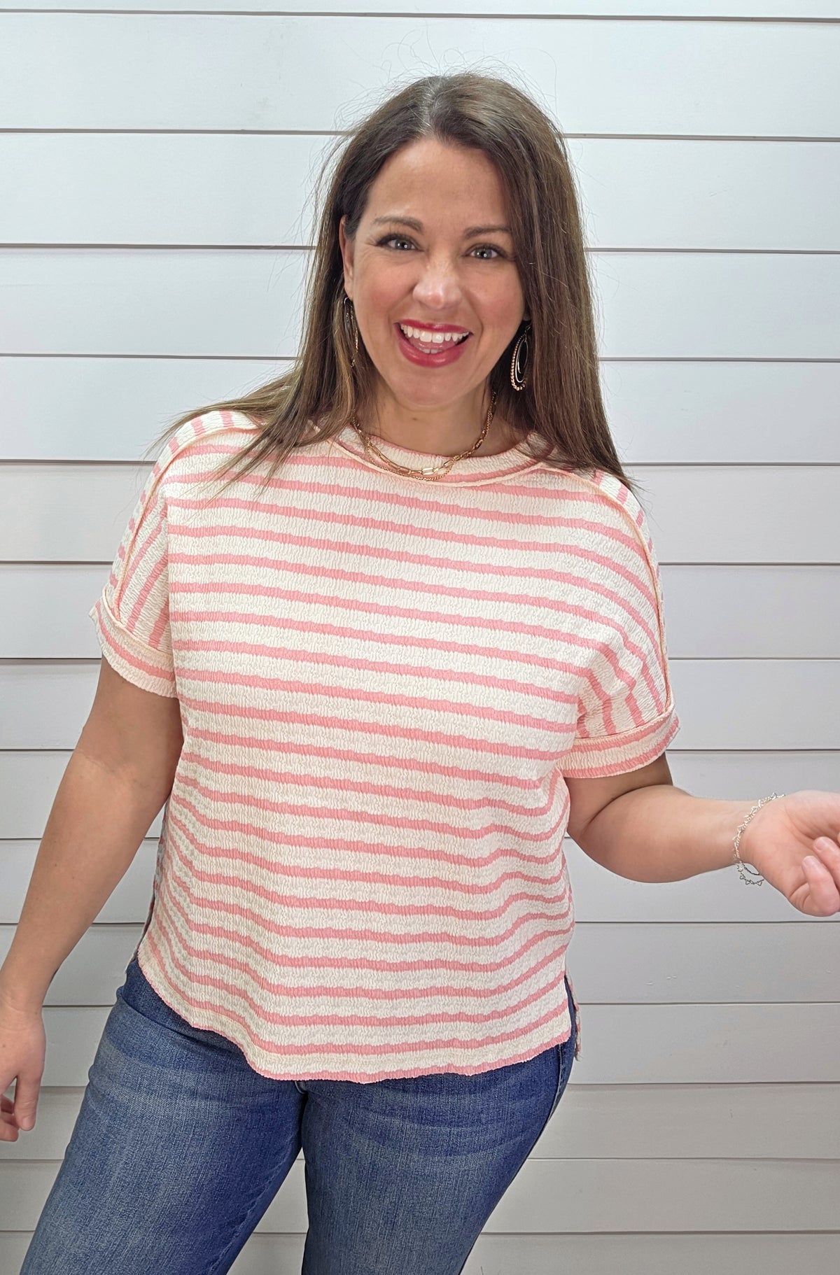 PINK TEXTURED LOOSE FIT KNIT TOP
