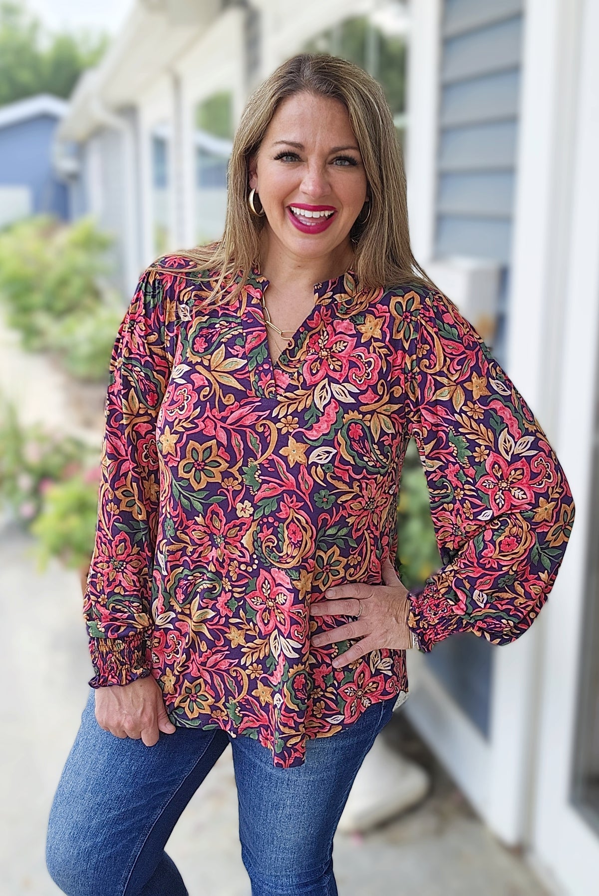 DEAR SCARLETT EGGPLANT FLORAL LONG SLEEVE SMOCKED LIZZY