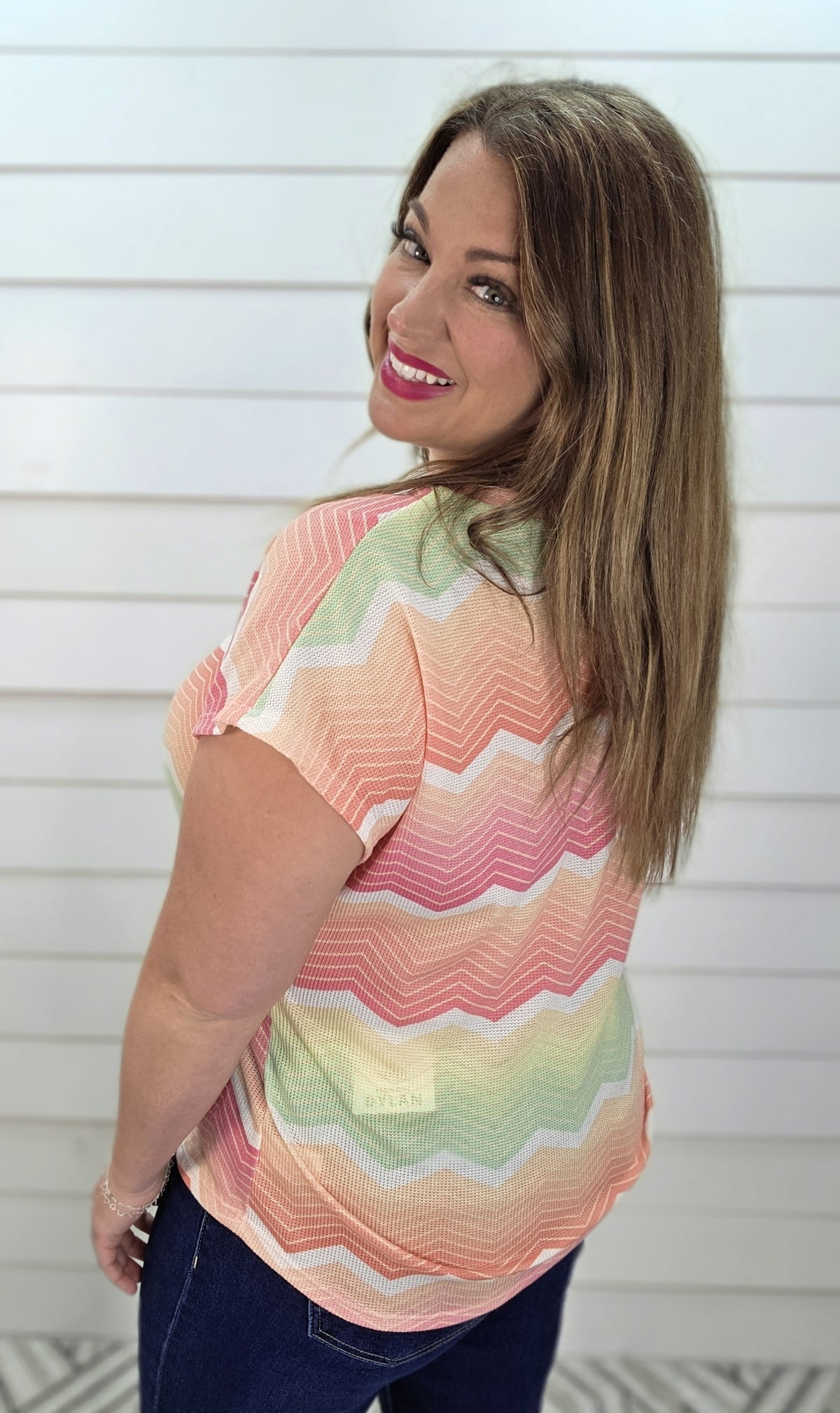 MINT/CORAL MULTI COLOR CHEVRON KNIT V NECK TOP