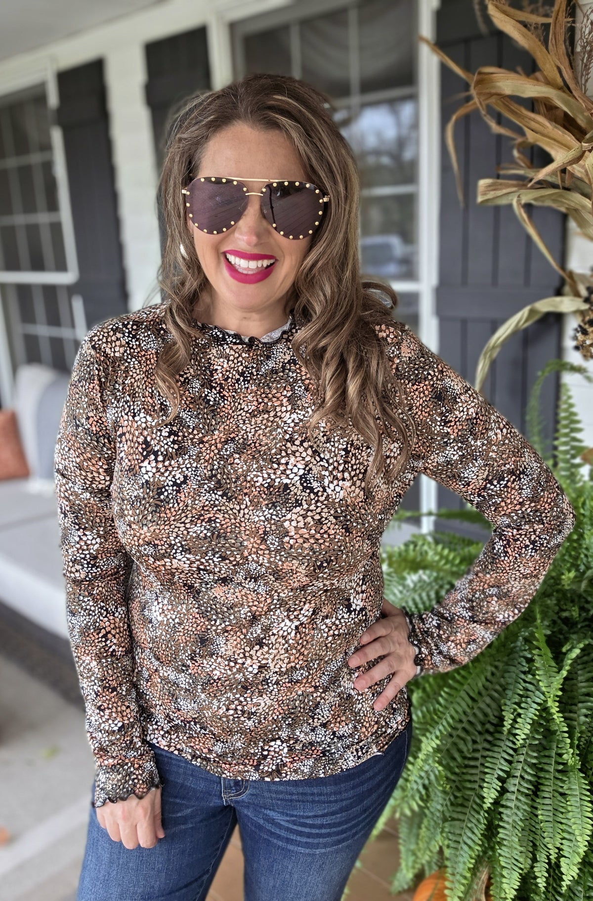 OLIVE/RUST/OLIVE PRINTED MOCK NECK FITTED TOP