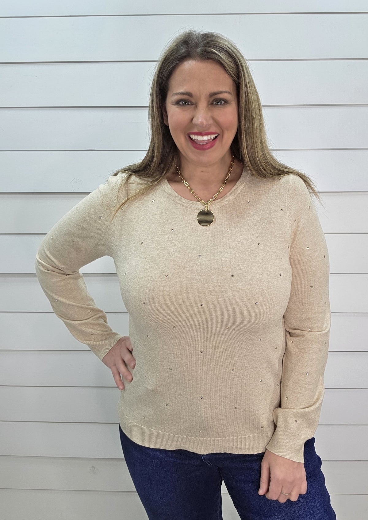 OATMEAL TEXTURED STRIPED PULLOVER SWEATER