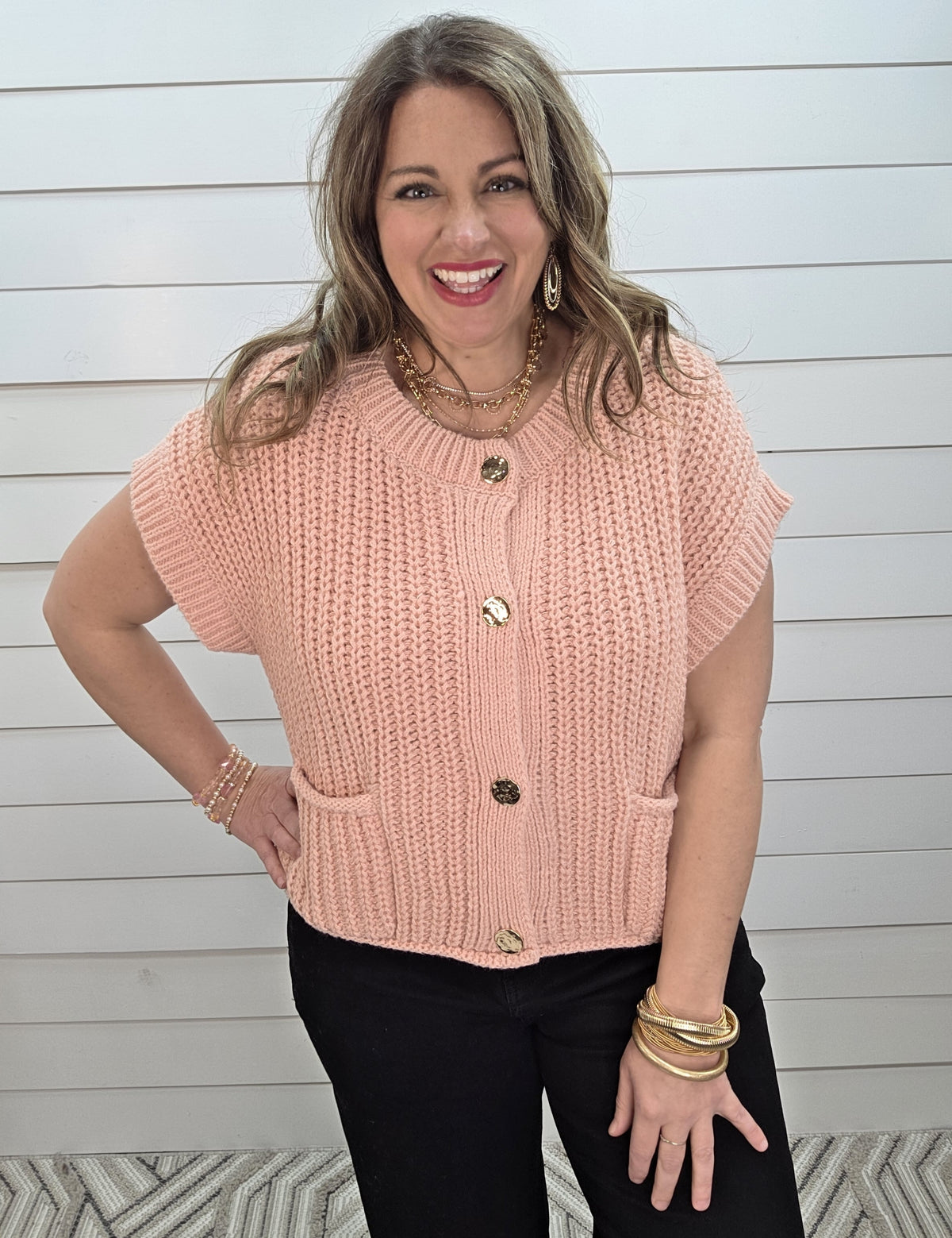 BLUSH CHUNKY SHORT SLEEVE GOLD BUTTON SWEATER