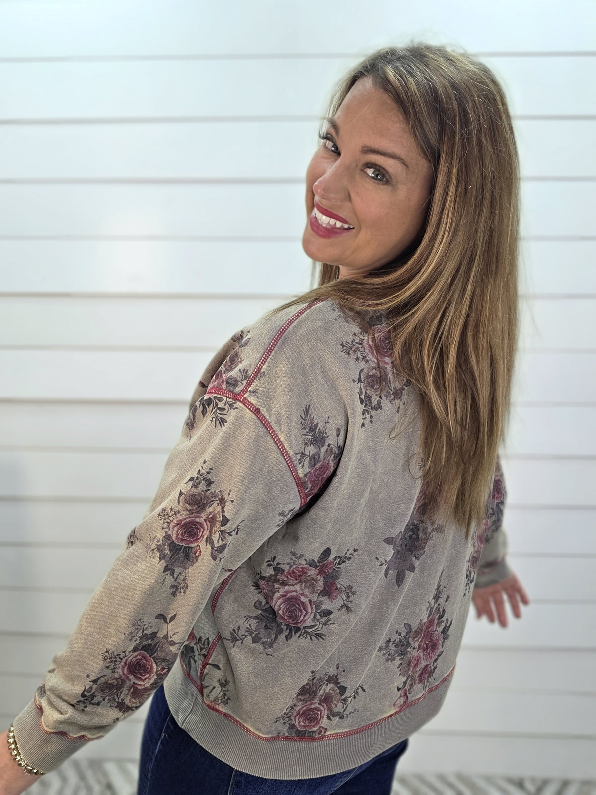 ASH FLORAL CREW NECK LONG SLEEVE TOP W/ PURPLE STITCHING