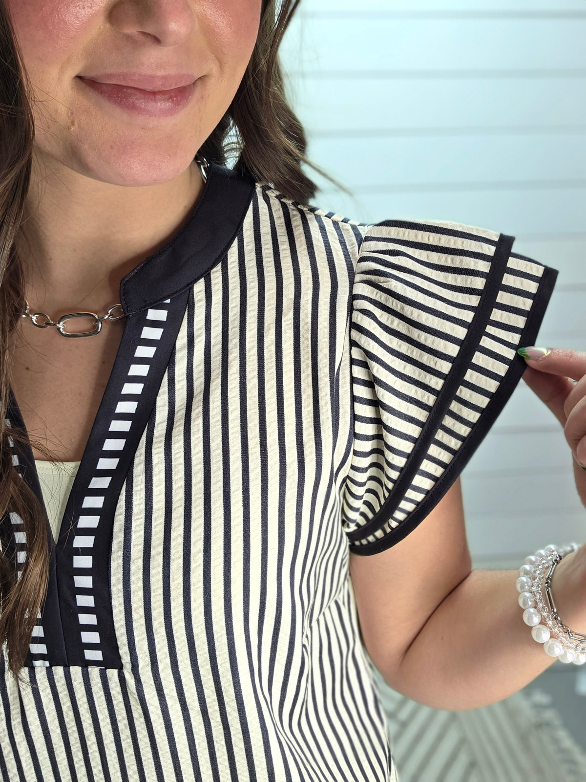 BLACK STRIPED V NECK RUFFLE SLEEVE WOVEN TOP