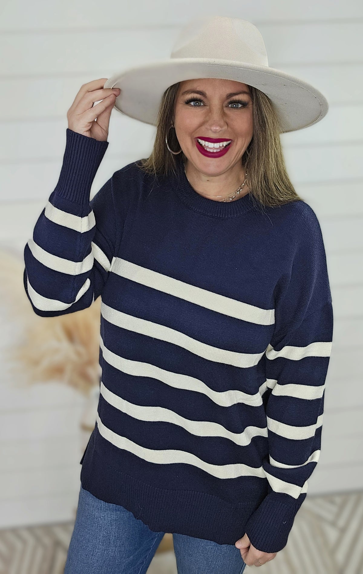 NAVY STRIPED OVERSIZED SIDE SPLIT CREW NECK SWEATER